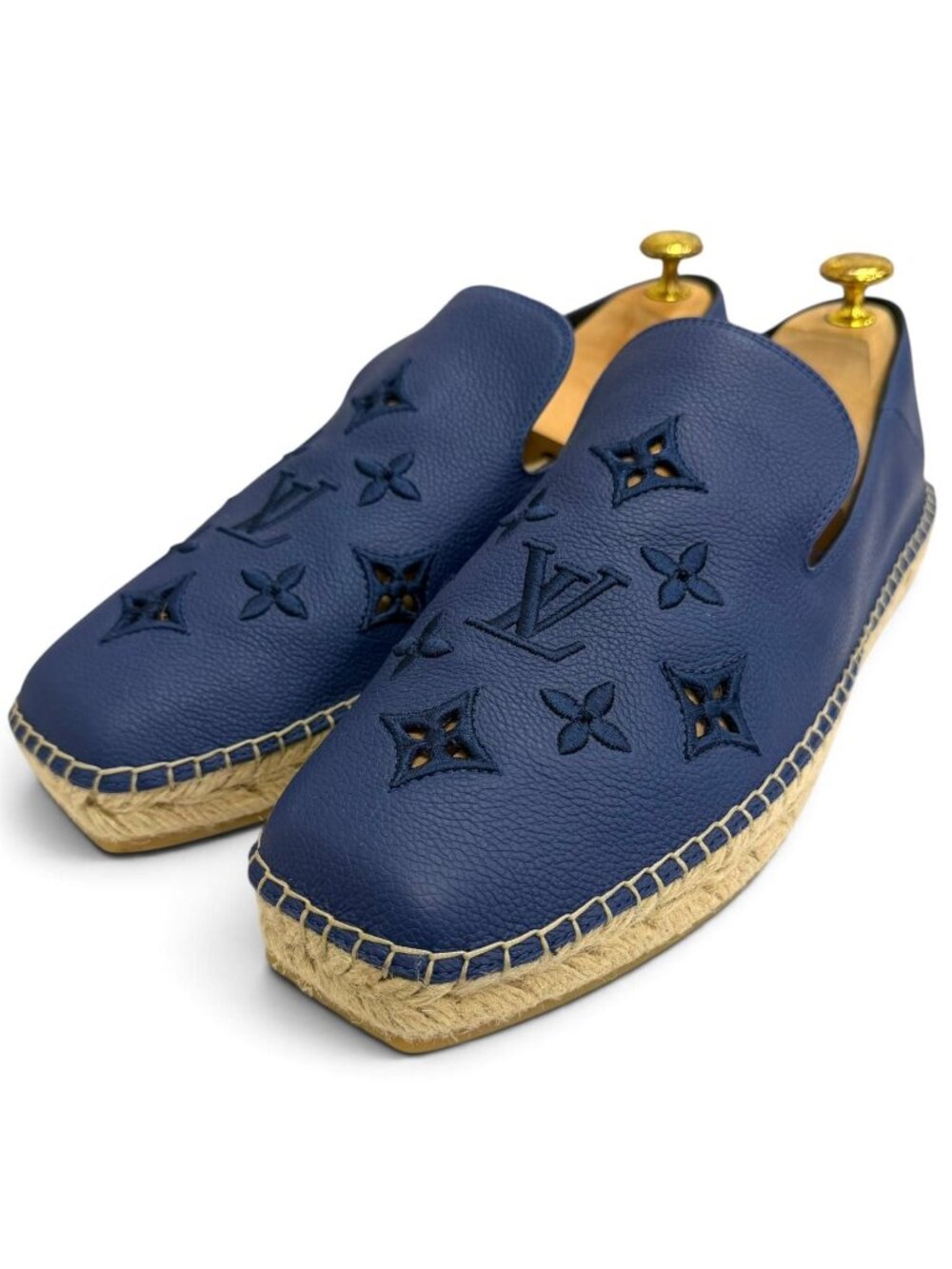 Louis Vuitton Leather Monogram Logo Embroidery Espadrille Slip Ons Navy 8.5